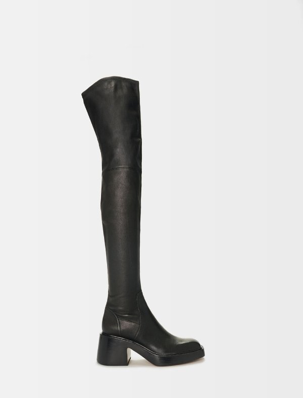 Black leather heeled thigh boots