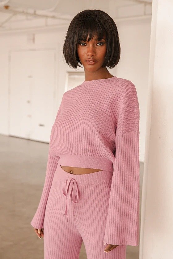 Snuggly Style Mauve Pink Ribbed Knit Cropped Sweater