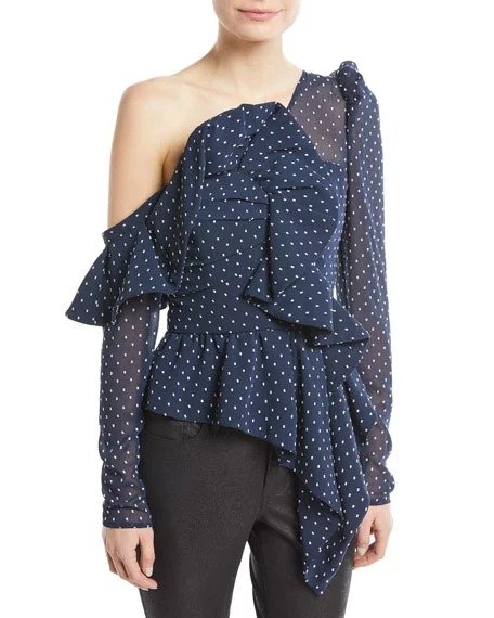 One-Shoulder Dotted Plumetis Frill Top