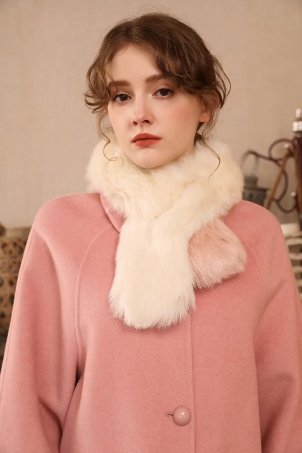粉色兔毛双面穿羊毛大衣（含毛领)