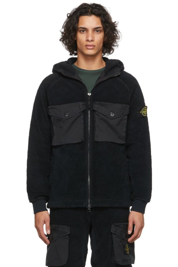 Black Cotton Pile Hooded Zip-Up