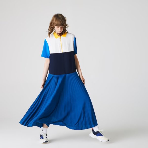 Women's Colorblock Flowy Pleated Skirt Polo Dress