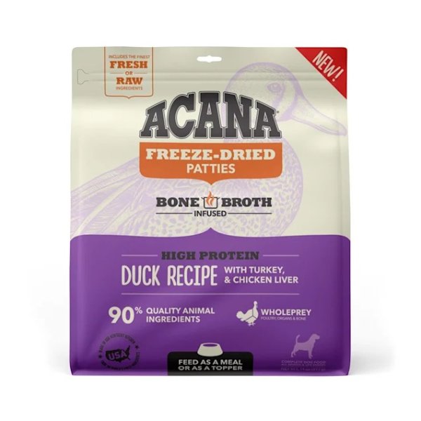 ACANA Grain Free High Protein Fresh & Raw Animal Ingredients Duck Recipe Freeze Dried Patties Dog Food, 14 oz. | Petco