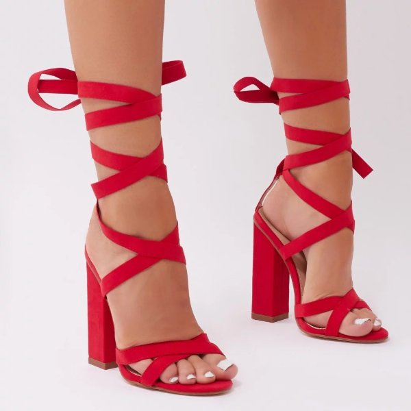 Vera Lace Up Heels in Red Faux Suede