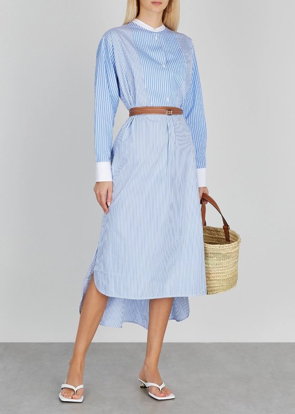 Blue striped belted cotton midi dress
