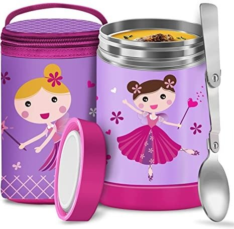 Lunch box Insulated Soft Bag Kids Thermos Food Jar Keep Food Hot Cold, Stainless Steel Vacuum Lunch Containers with Spoon for Kids Girls Boys Purple