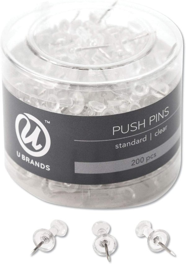 Push Pins, Clear Plastic Head Thumbtacks, Steel Point, 200-Count