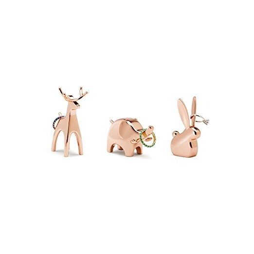 Umbra Anigram Ring Holder– Metal Plated Bunny, Reindeer and Elephant Ring Holders – Great as Party Favors, Copper Ring Holders, Set of 3