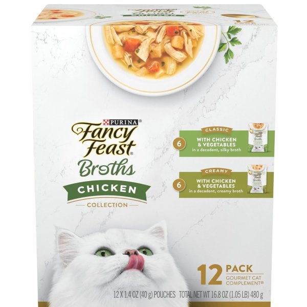 Fancy Feast Chicken Broth Complement Lickable Grain Free Wet Cat Food Variety Pack - (Pack of 12) 1.4 oz. Pouches