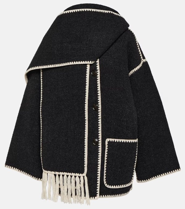 Embroidered wool-blend scarf jacket