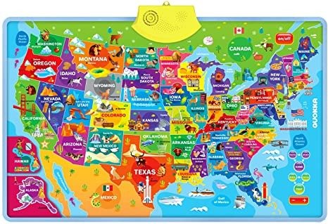 USA Map Educational Toy for Kids 5-7 Year Old - US Interactive Learning Wall Chart Age 3 4 6 by QUOKKA - Talking Speech Therapy Poster of United States - Geography Game for Toddler Boy & Girl 8-10-12