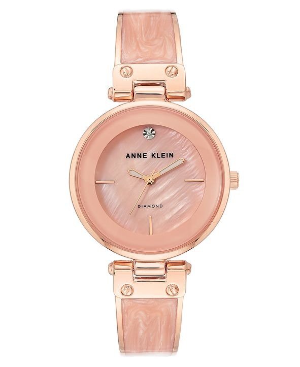 Women's Diamond-Accent Rose Gold-Tone & Pink Marble Acrylic Bangle Bracelet Watch 34mm