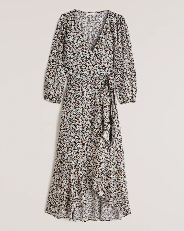 Women's Puff Sleeve Wrap Midi Dress | Women's Clearance | Abercrombie.com