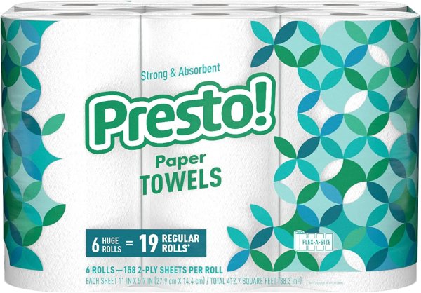 Amazon Brand - Presto! Flex-a-Size Paper Towels, Huge Roll, 6 Count = 19 Regular Rolls, 158 Sheets per Roll