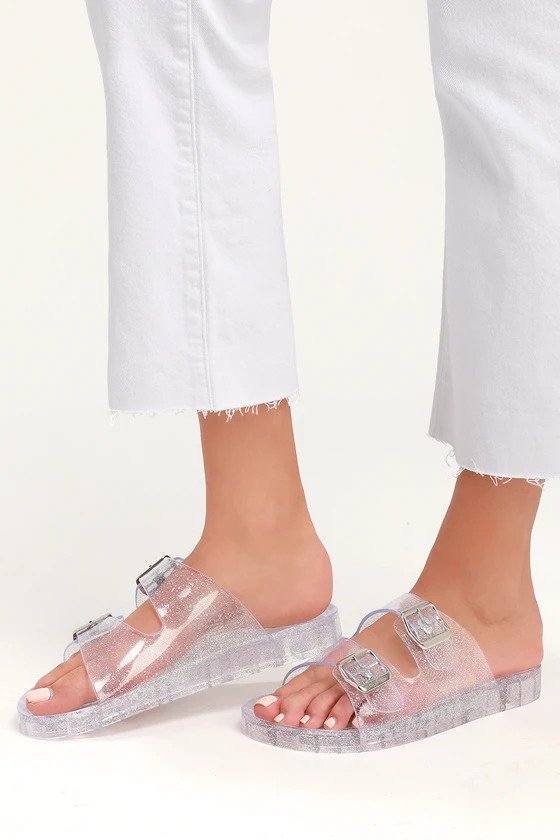 Jewel Clear Glitter Jelly Buckled Slide Sandals