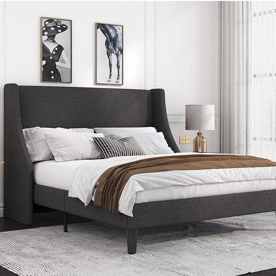 Queen Bed Frame, Platform Bed Frame Queen Size with Upholstered Headboard, Modern Deluxe Wingback, Wood Slat Support, Mattress Foundation, Dark Grey