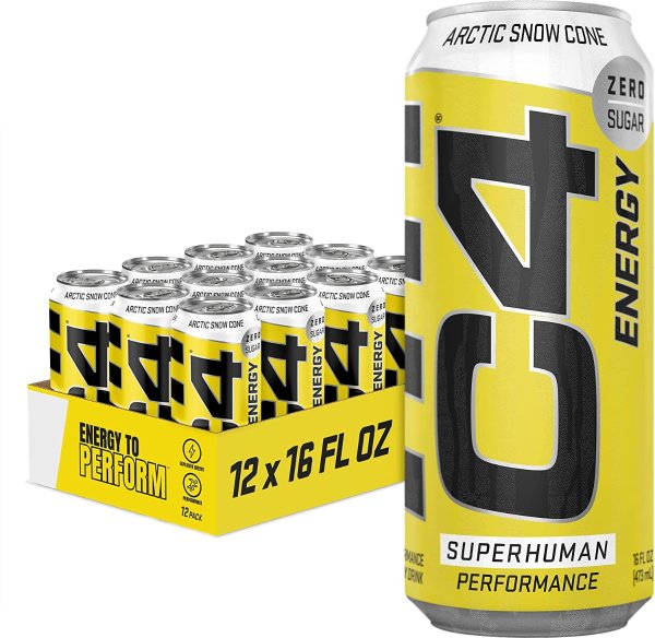 C4 Carbonated Zero Sugar Energy Pre Workout Drink + Beta Alanine, (New) Sparkling Arctic Snow Cone, 16 Fl Oz, Pack of 12