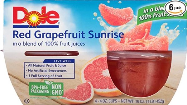 FRUIT BOWLS Red Grapefruit Sunrise in a Blend of 100% Fruit Juice, 4 Count Cups (Pack of 6)