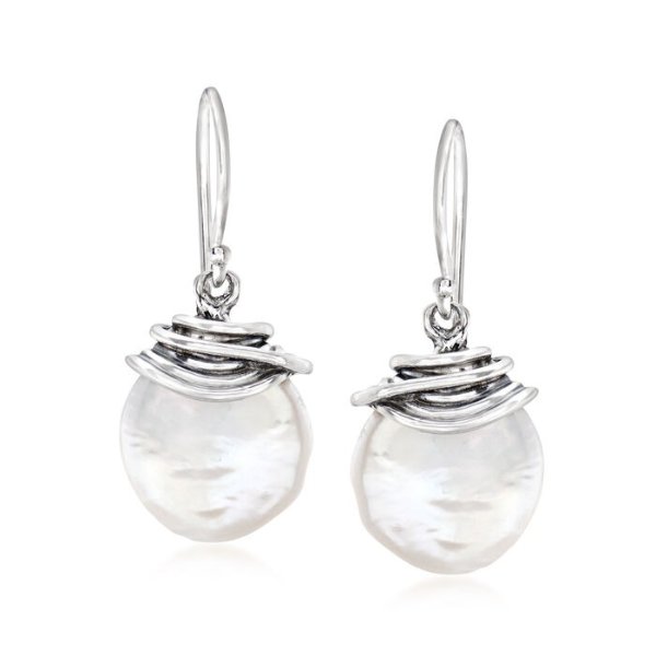 12-13mm Cultured Baroque Coin Pearl Drop Earrings in Sterling Silver | Ross-Simons