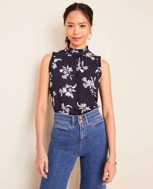 Floral Pleat Neck Shell | Ann Taylor