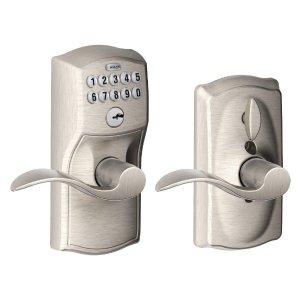 Schlage FE595VCAM619ACC Camelot Keypad Entry with Flex-Lock and Accent Levers, Satin Nickel