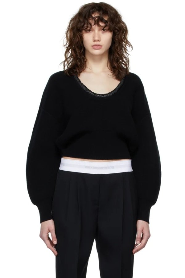 Black Ruched Leather Crewneck Sweater