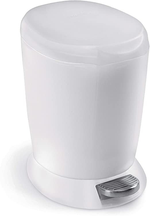 6 Liter / 1.6 Gallon Compact Plastic Round Bathroom Step Trash Can, White Plastic