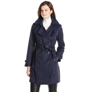 Tommy Hilfiger Women's Double Breasted Trench Coat with Striped Belt