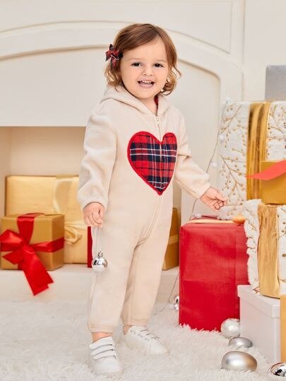 Baby Plaid Heart Pattern Hooded Jumpsuit