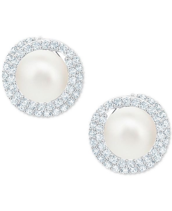 Silver-Tone Pave & Imitation Pearl Stud Earrings
