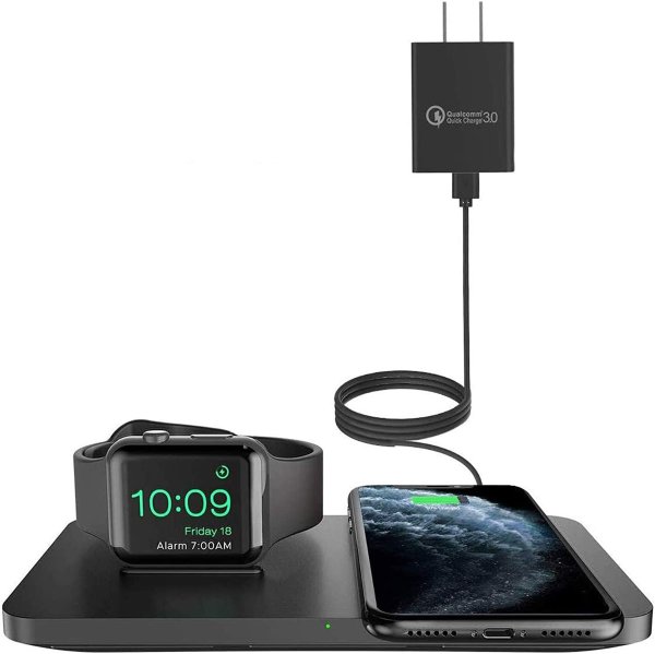 Wireless Charger [with QC 3.0 Adapter], Seneo 2 in 1 Wireless Charging Pad with iWatch Stand for iWatch 5/4/3, 7.5W for iPhone 12/11/Pro Max/XR/XS Max/XS/8/8P/Airpods Pro (No Magnetic Charging Cable)