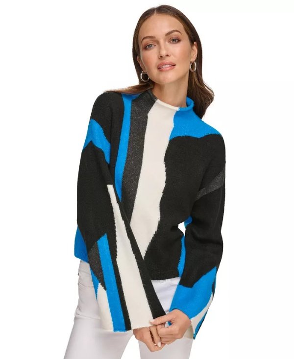 Women's Asymmetric Colorblock Mock Neck Sweater