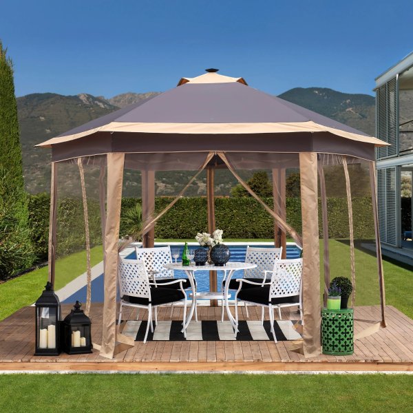 Ainfox 12'x10' Hexagonal Outdoor 2-Tier Pop up Gazebos Canopy with Solar Led Light Sheters with Mosquito Netting