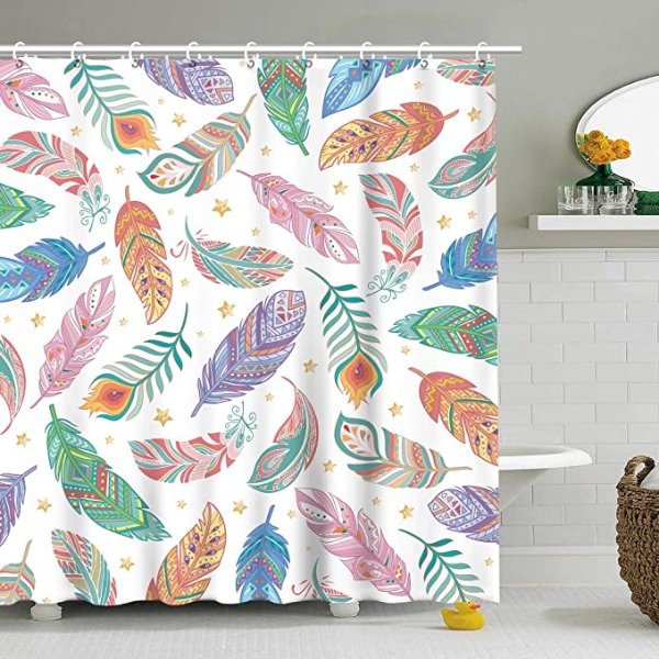 Stacy Fay Feather Leaves Shower Curtain, Cute Pink Purple Shower Curtain Set for Girls, Waterproof for Bathroom with 12 Hooks,Bathroom Accessories, 72 x 72 '', Colorful Pink Purple Feather Leaves