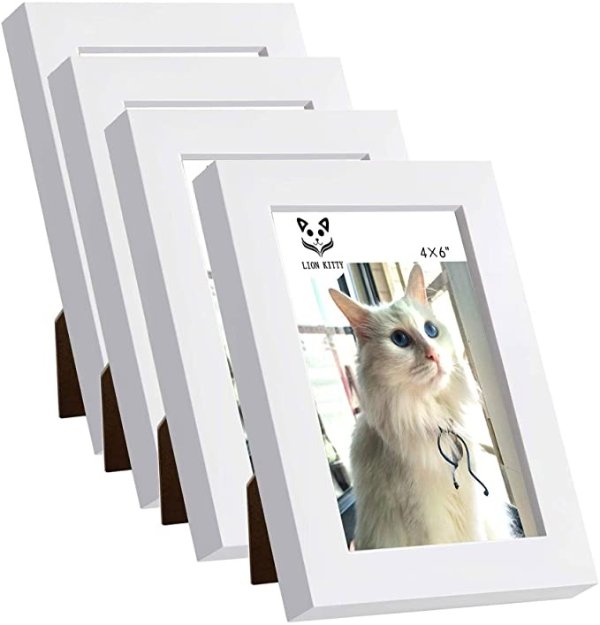 KITTY 4×6 Photo Picture Frame Set of 4 in White - Made of Solid Wood High Definition Plexiglass Display 4×6 Pictures Horizontal and Vertical Formats Gallery Frames for Wall Collage & Tabletop