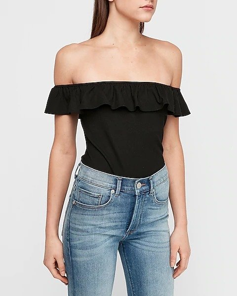 Ribbed Ruffle Off The Shoulder Thong Bodysuit