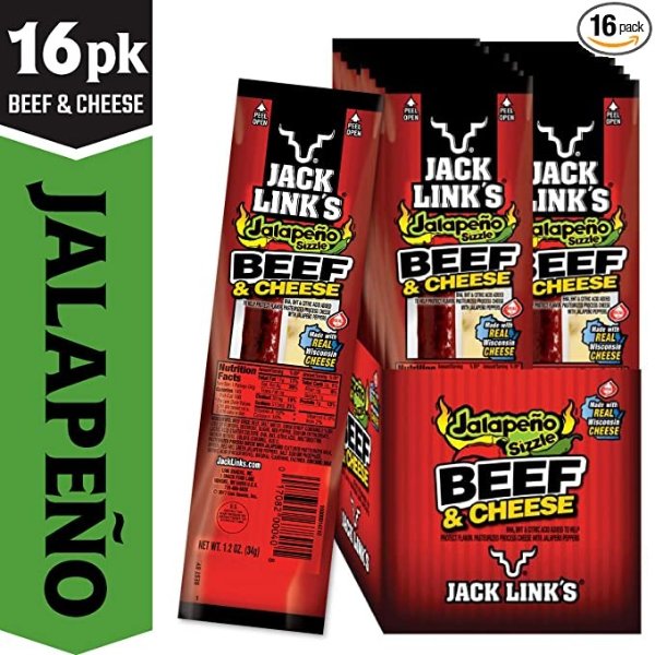 Jack Link’s Jalapeno Beef & Cheese Combo Pack, 1.2 oz., Pack of 16 - Original 100% Beef Stick and Cheese Stick Made with Real Wisconsin Cheese - 7g Protein, Made with 100% Premium Beef