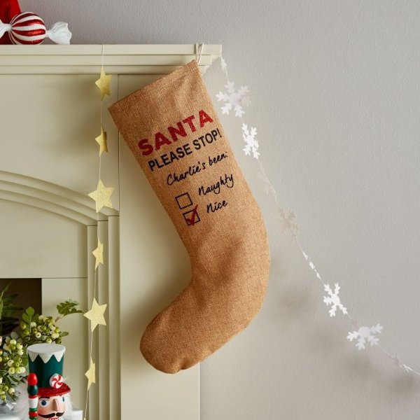 Personalized Santa Please Stop Here Hessian Stocking