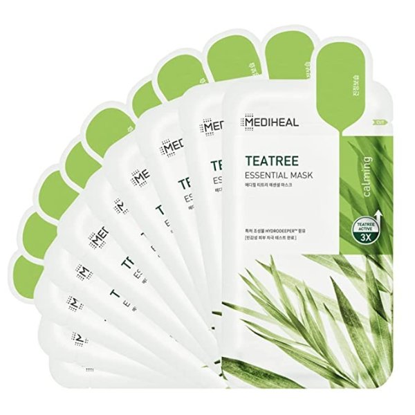 Official Best Korean Sheet Mask - Tea Tree Essential Face Mask 10 Sheets Skin Soothing Treat Blemishes Sebum Control For All Skin Types Value Sets Acne Prone