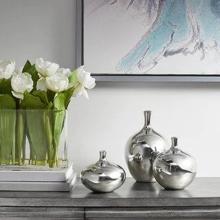 Madison Park Signature Ansen Silver Mirrored Ceramic Decorative Vases 3-piece set