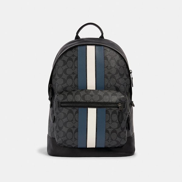 West Backpack in Signature Canvas With Varsity Stripe