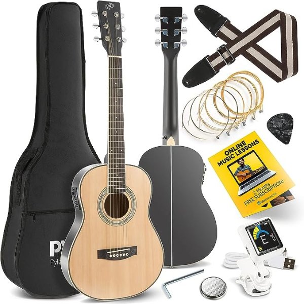 Pyle Acoustic Electric Guitar ½ Scale 34” Steel String Spruce Wood w/Gig Bag, 4-Band EQ Control, Clip On and Onboard Tuner, Picks, Shoulder Strap for Beginners Students and Kids