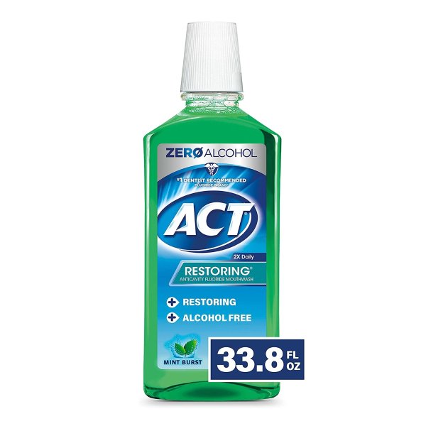ACT Restoring Zero Alcohol Fluoride Mouthwash, Strengthens Tooth Enamel, Mint Burst, Green, 33.8 Fl Oz Visit the ACT Store