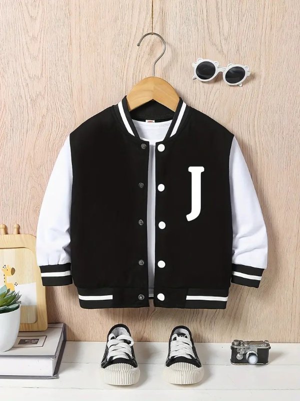 Letter J Print Varsity Jacket For Kids, Preppy Style Bomber Jacket, Button Front Long Sleeve Coat, Boy's Clothes For Spring Fall Outdoor
