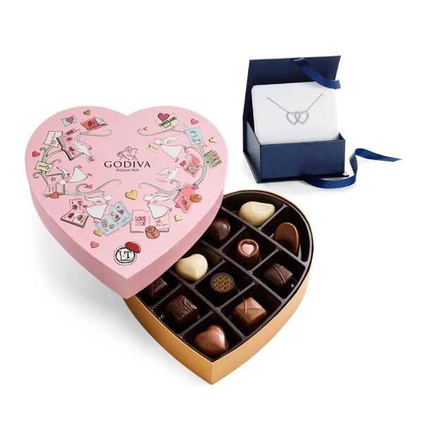 Double Heart Necklace with Valentine's Day Heart Chocolate Gift Box, 14 pc.