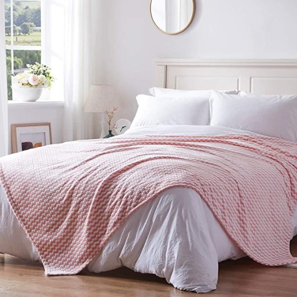 NexHome 格纹轻柔毛毯 (橘粉色,90"X90"）