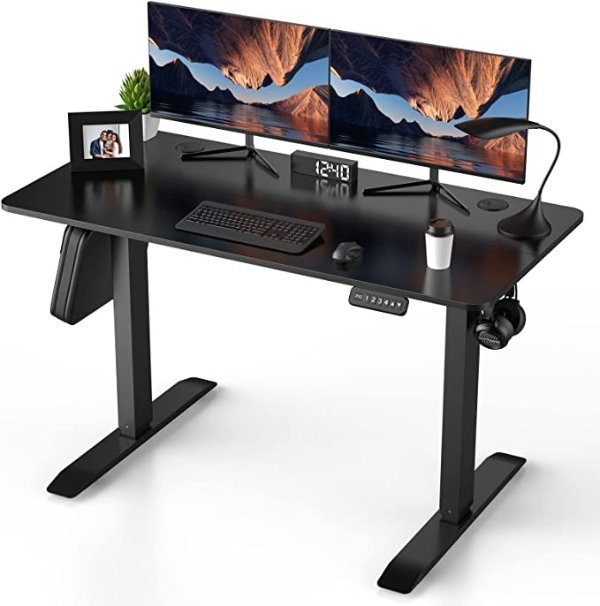 HappYard Height Adjustable Electric Standing Desk, 47 x 23 Inches Adjustable Desk w/ 4 Memory Button, Splice Board, 2 Hooks, Cable Management, Adjustable Height Computer Desk for Home Office, Black
