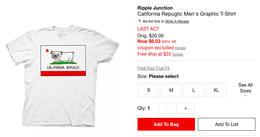 Ripple Junction California Repuglic Men's Graphic T-Shirt男士T恤