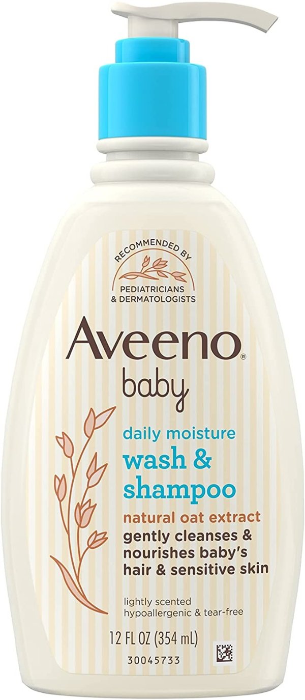 Baby Daily Moisture Gentle Body Wash & Shampoo with Oat Extract, 2-in-1 Baby Bath Wash & Hair Shampoo, Tear- & Paraben-Free for Hair & Sensitive Skin, Lightly Scented, 12 fl. oz