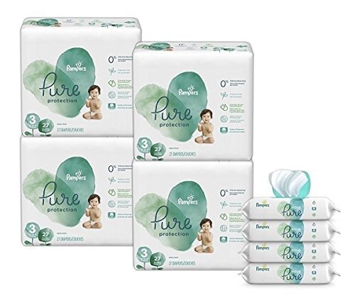 Pure Disposable Baby Diapers, Hypoallergenic and Fragrance Free Protection Size 3, 108 Ct. with Aqua Pure 4X Pop-Top Sensitive Water Baby Wipes, 224 Ct.